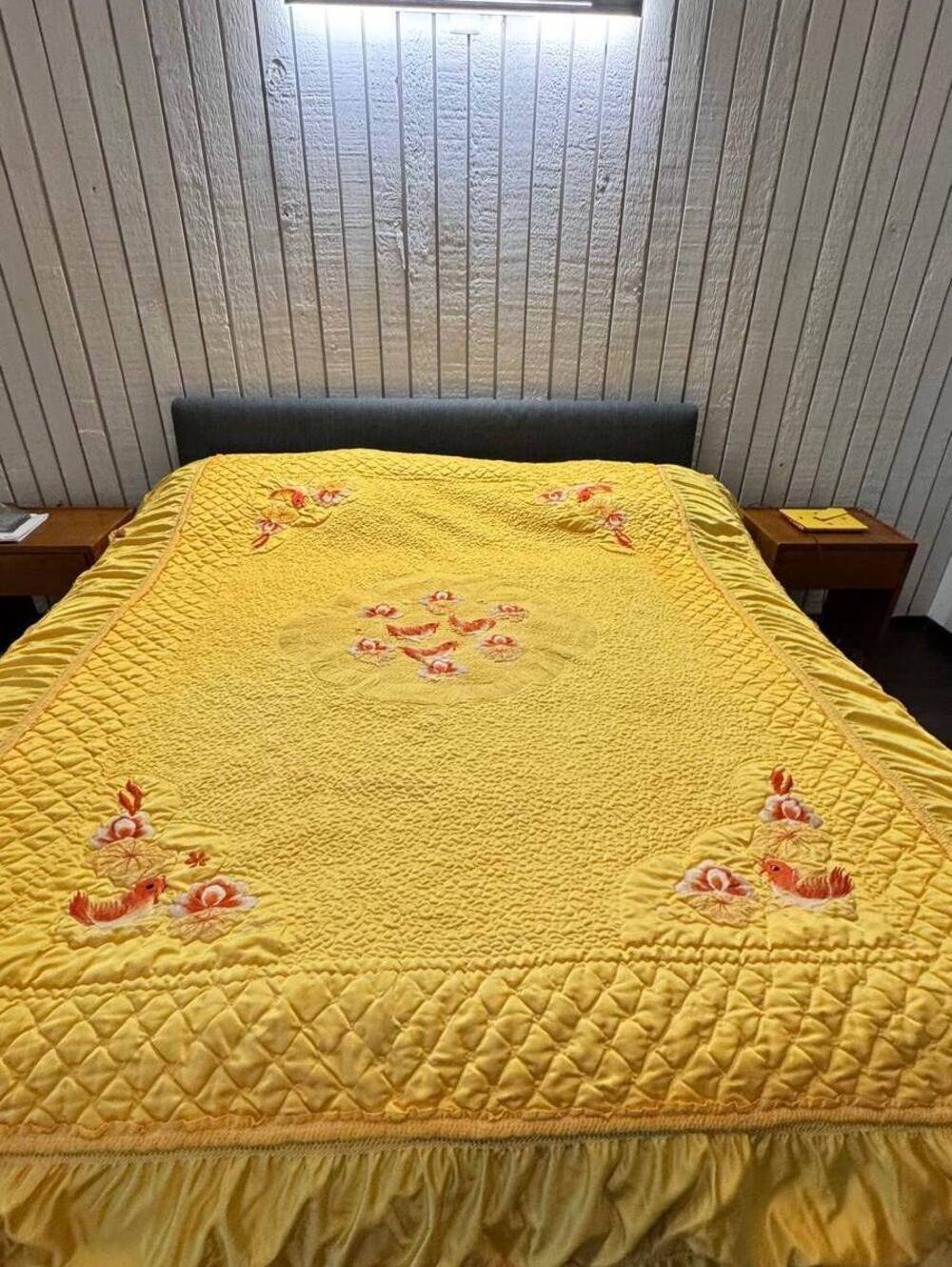 Vintage Korean Yellow Satin Bedspread 90x96 Embroidered Birds Floral Ruffled